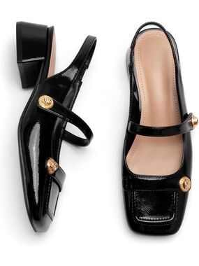 Black Patent Mary Jane Slingback Heels with Gold Accent